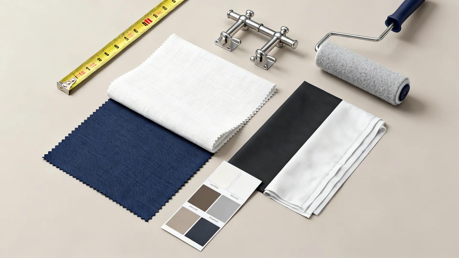 Flatlay of navy and white fabric swatches, blackout lining sample, hardware and measuring tape