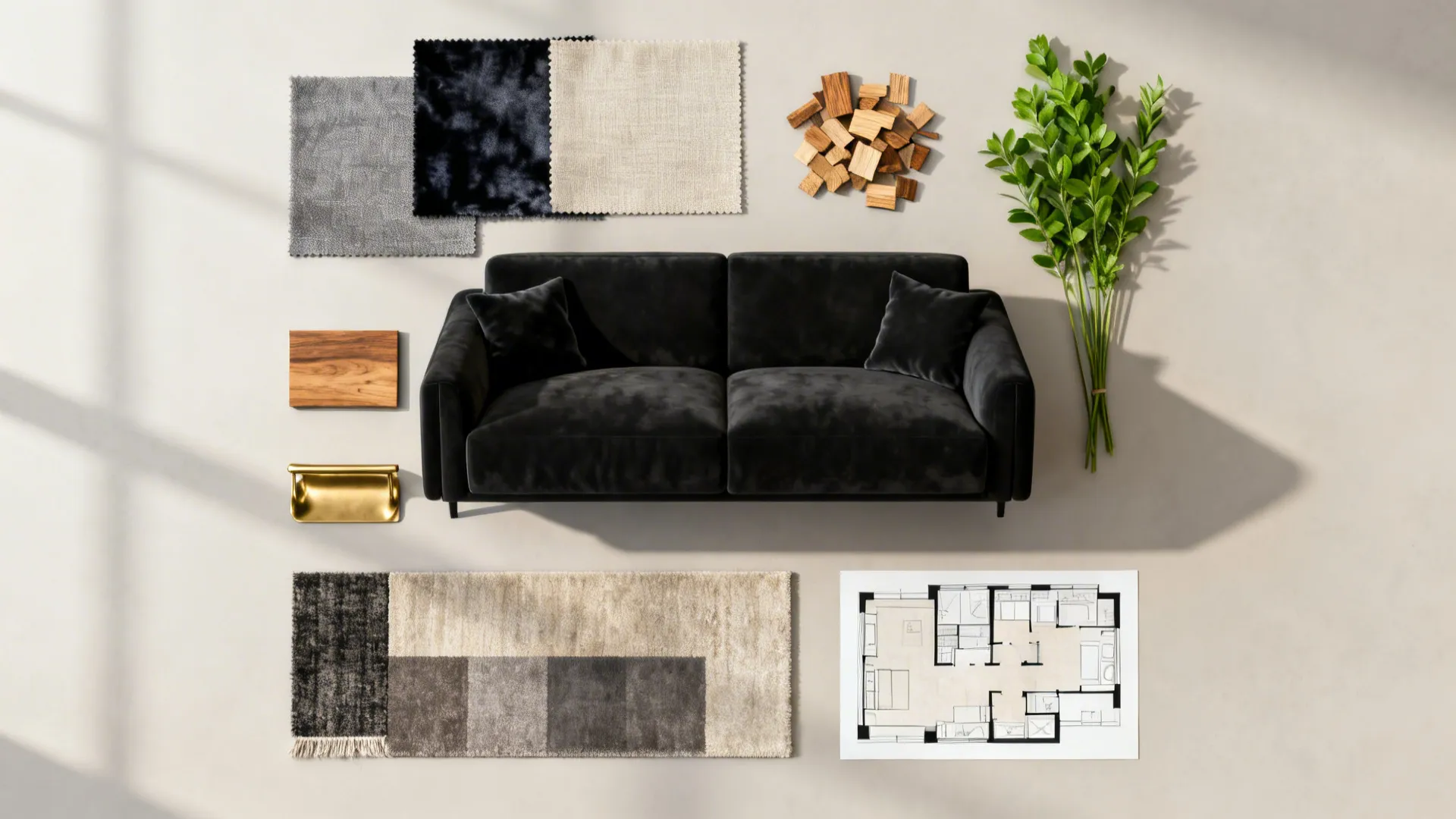 Top-down flatlay of fabric swatches, wood chips, plant samples and rug options for styling around a black sofa.