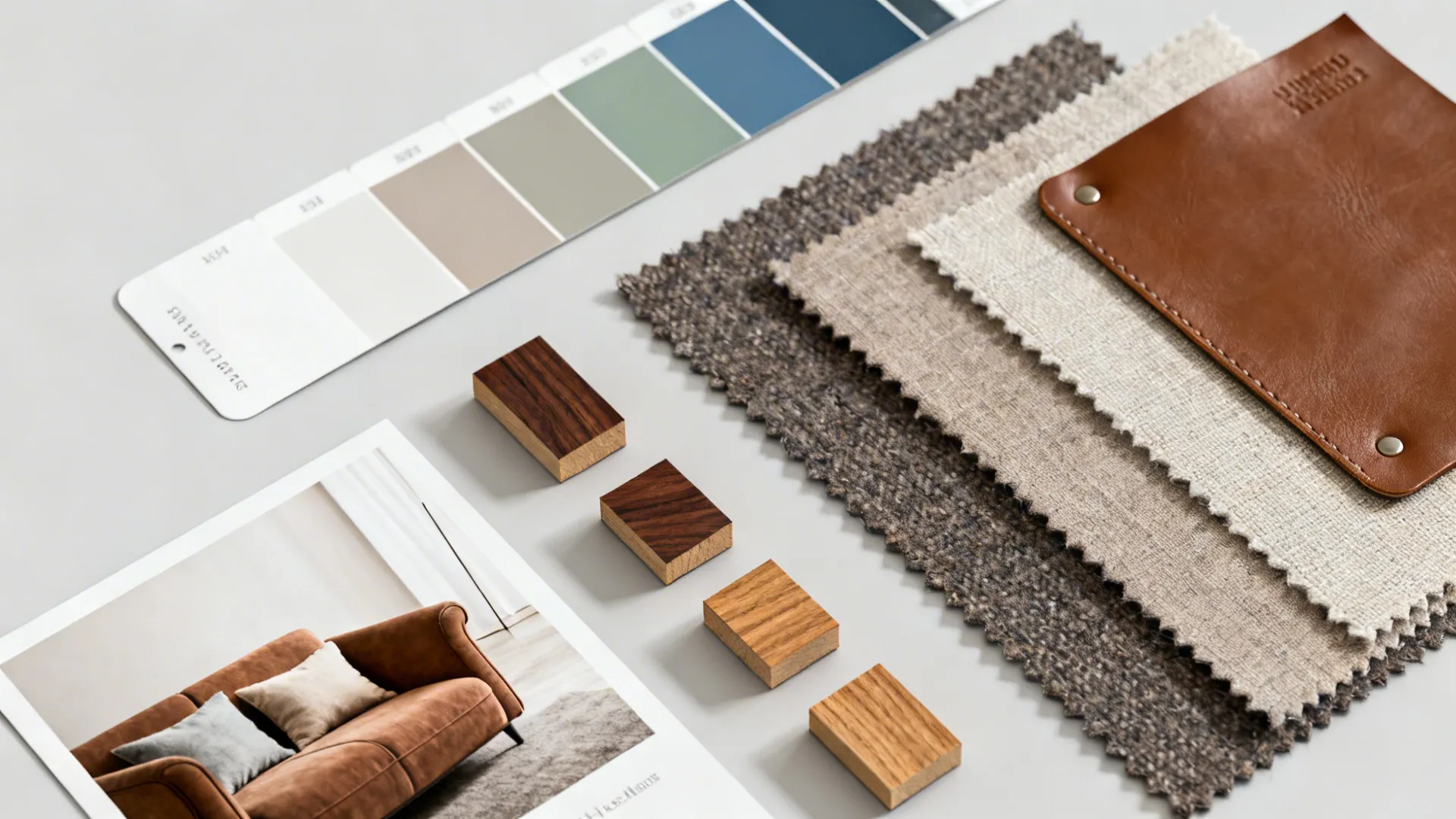 Flatlay of paint swatches, fabric samples, and wood chips for brown furniture palettes.