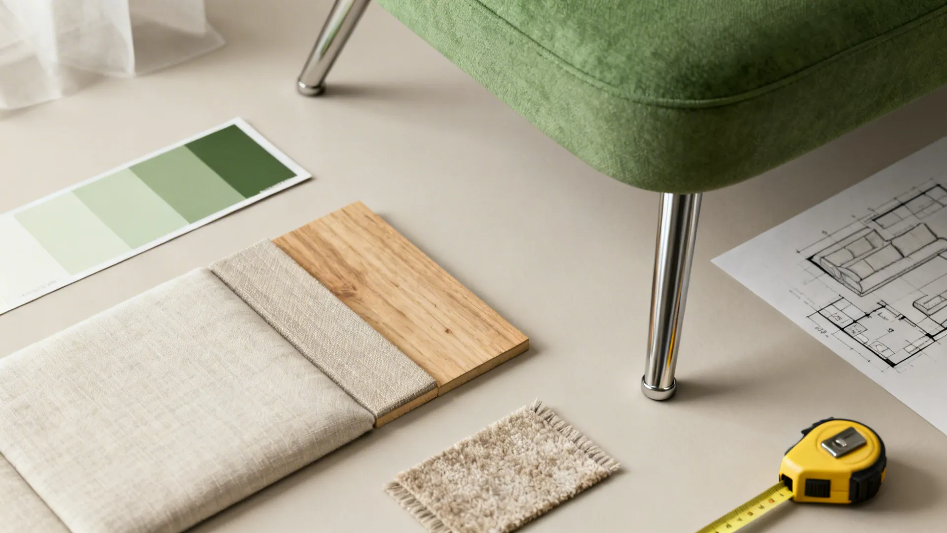 Material and color flatlay for compact living room design with fabric, wood and rug samples