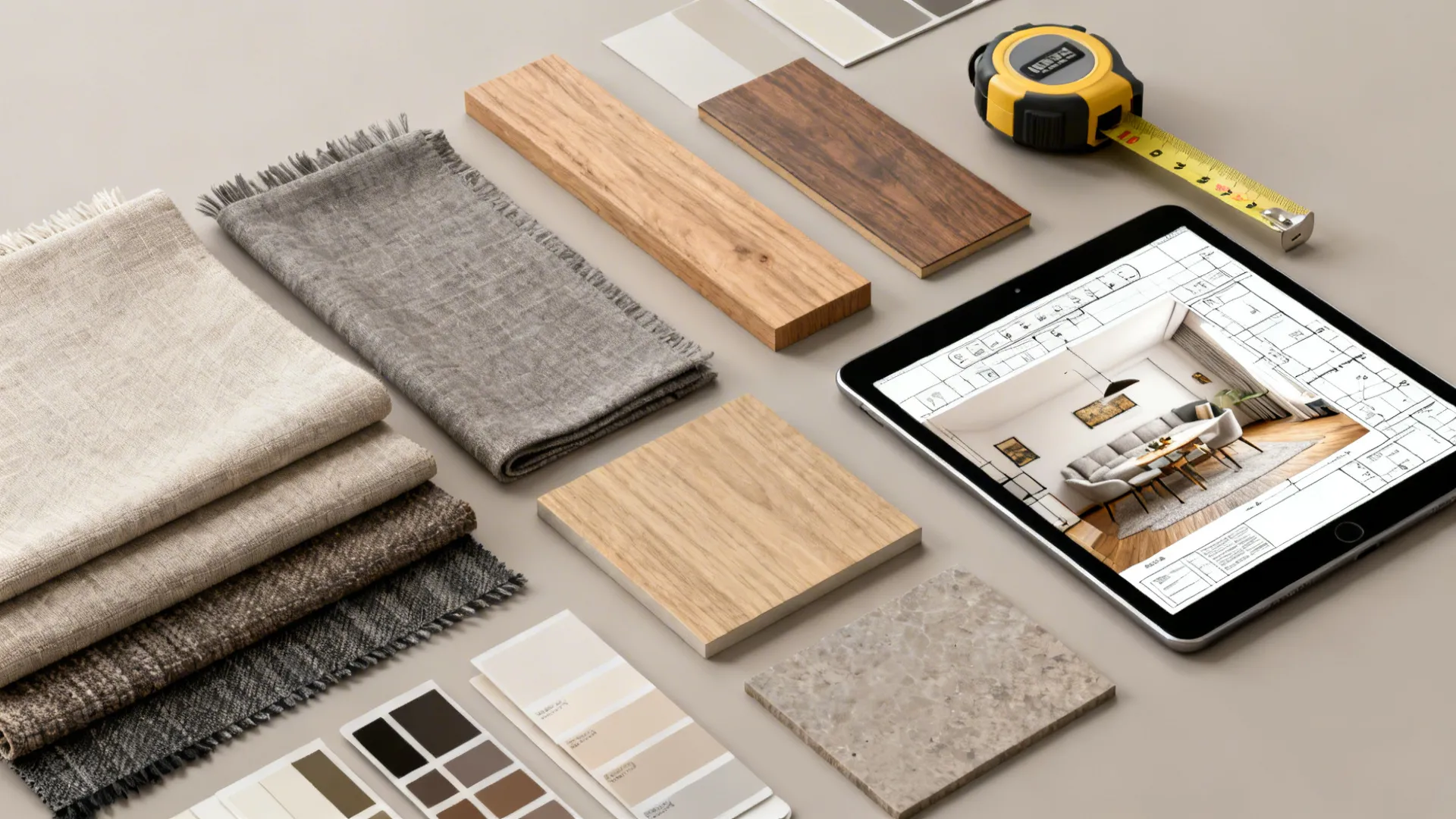 Flatlay of material samples, paint chips and a room planner on a tablet for small living-dining projects