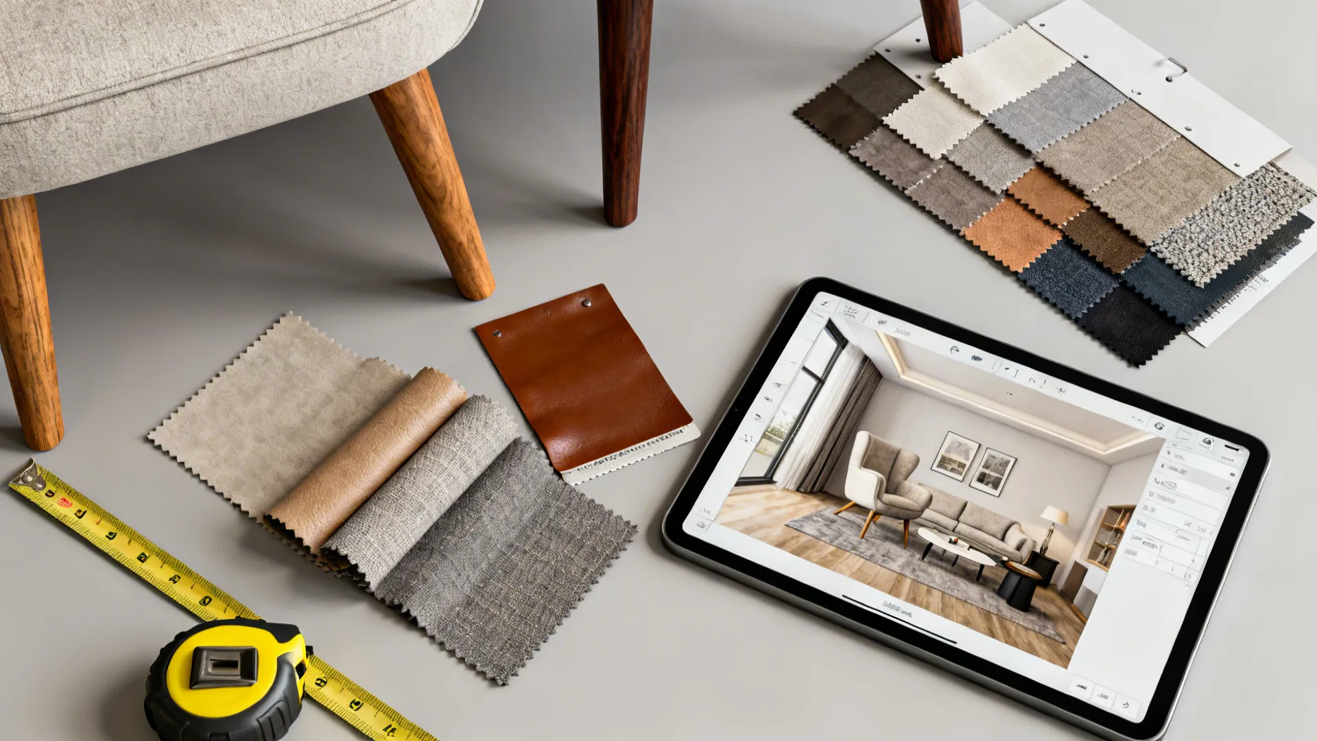 Flatlay of material swatches, wood finishes, and a tablet showing a 3D room planner