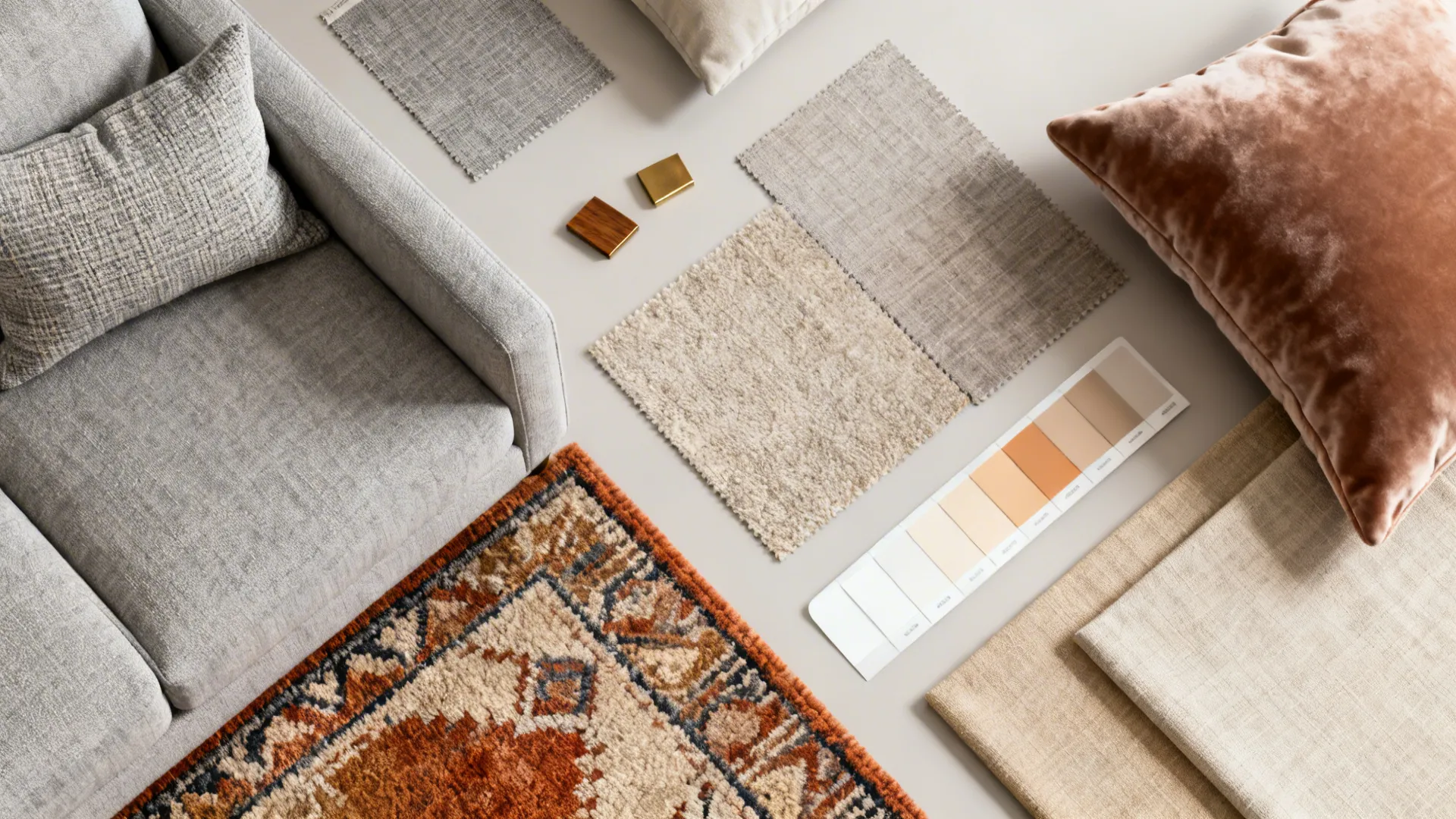 Interior design materials showing fabric samples, color palette, rug, velvet pillow, and grey sofa corner