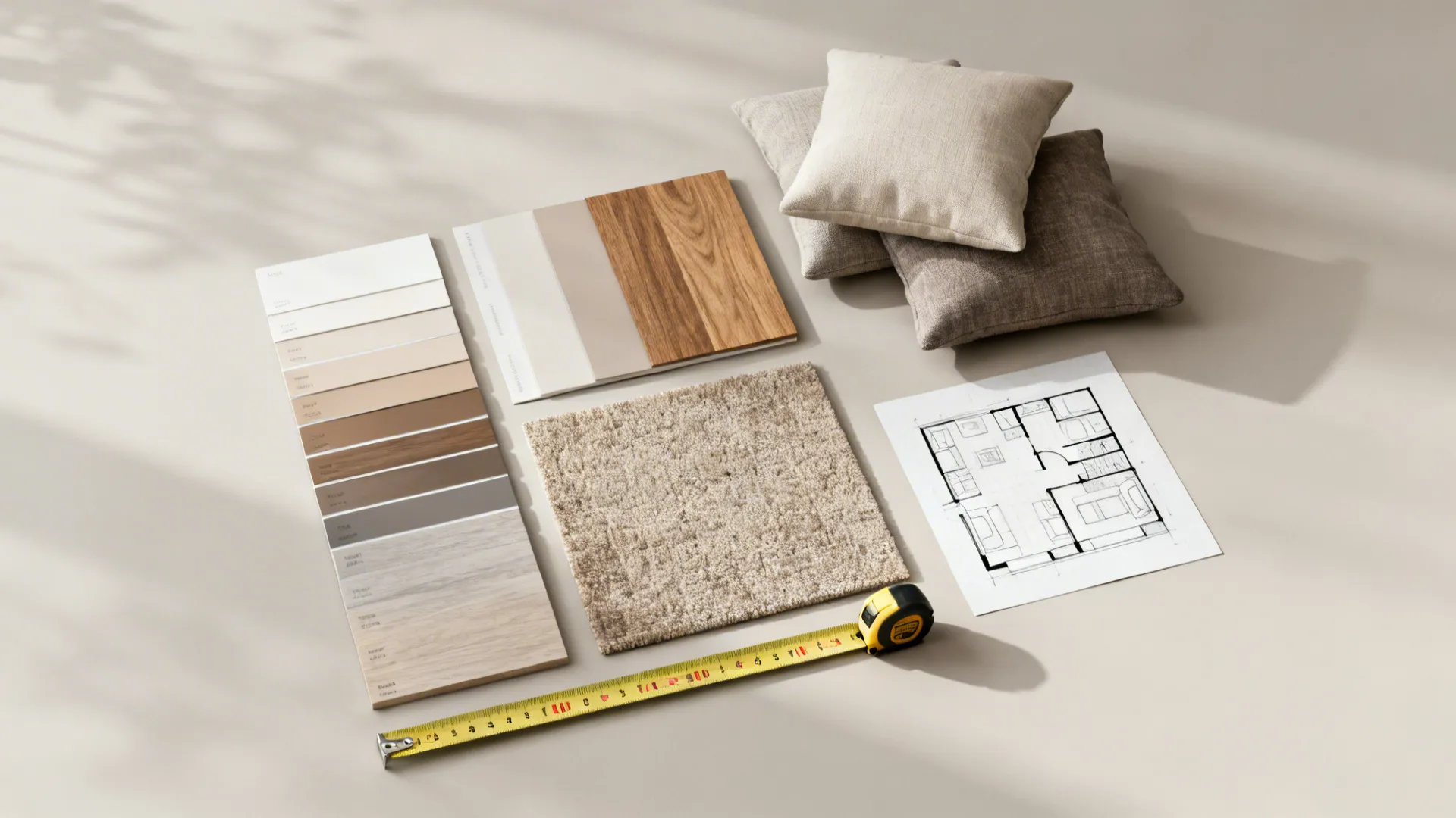 Interior design materials including wood samples color swatches soft pillows carpet floor plan and tape