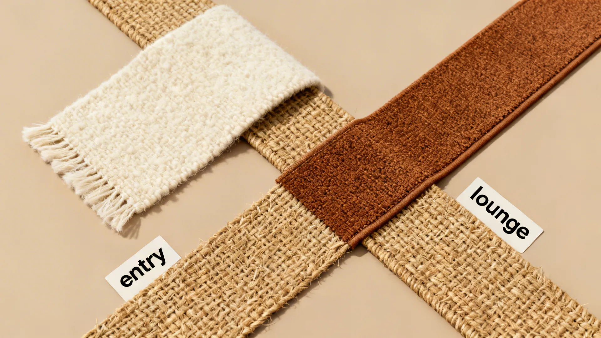Flatlay of wool, jute and synthetic rug material samples showing texture differences.