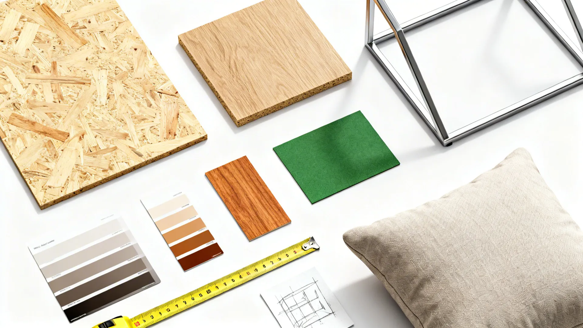 Top-down flatlay of material samples and color cards for bookshelf finishes and fabrics.