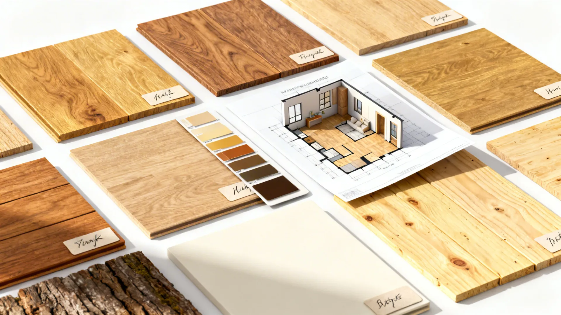 Flatlay of wood ceiling samples, veneers, color chips and a 3D floor plan printout