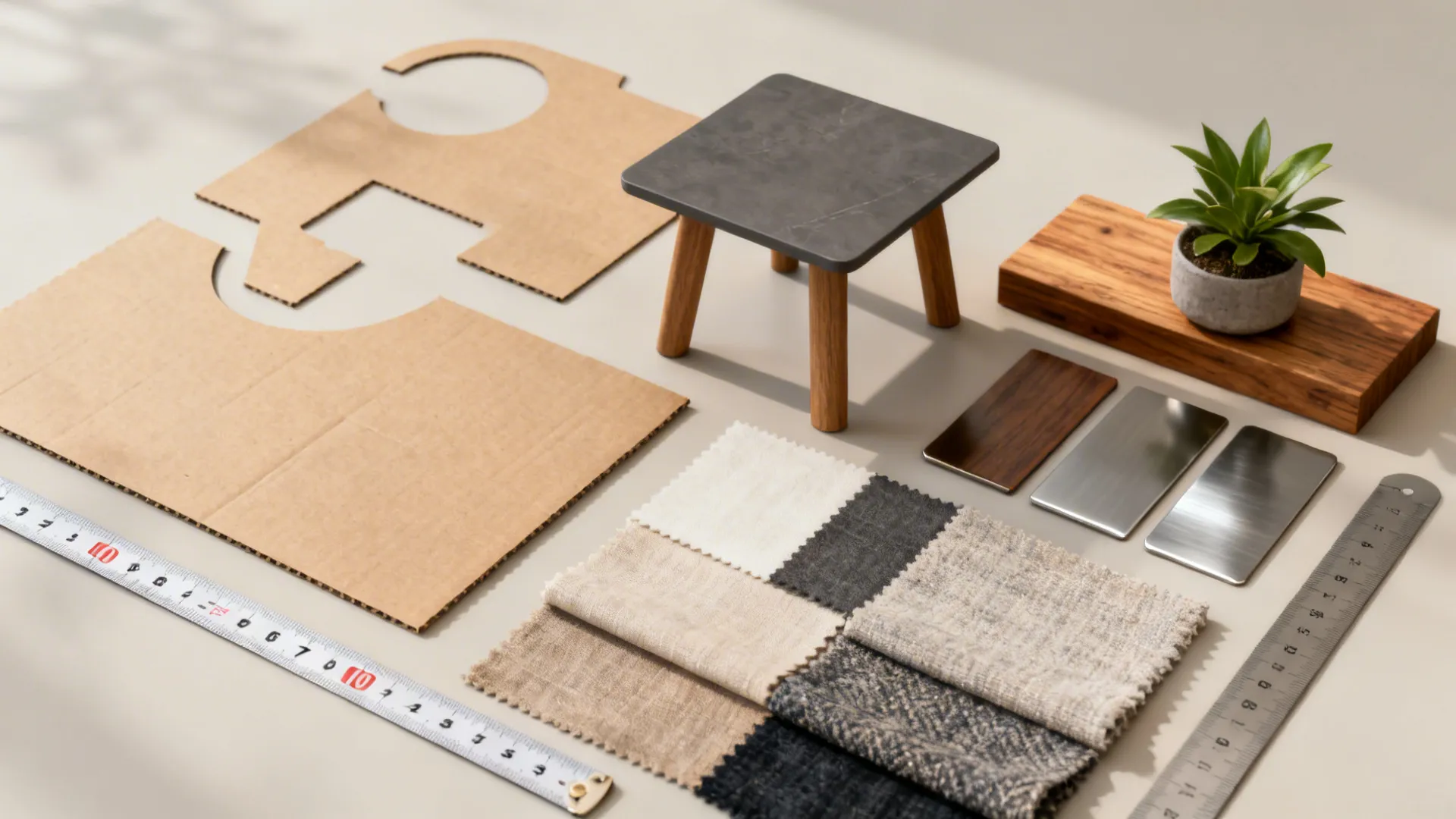 Flatlay of measuring tools, cardboard mockups, and material swatches for planning small accent table placement.