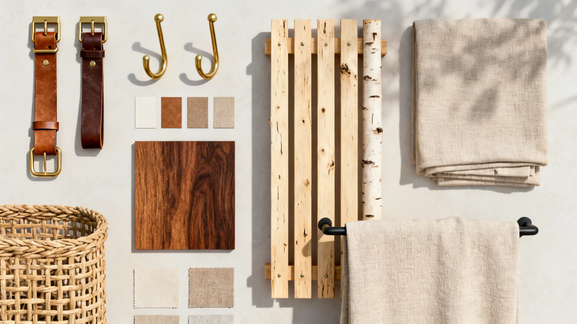 Flatlay of material samples: leather, brass, walnut stain, birch slat and woven basket textures for blanket holders.