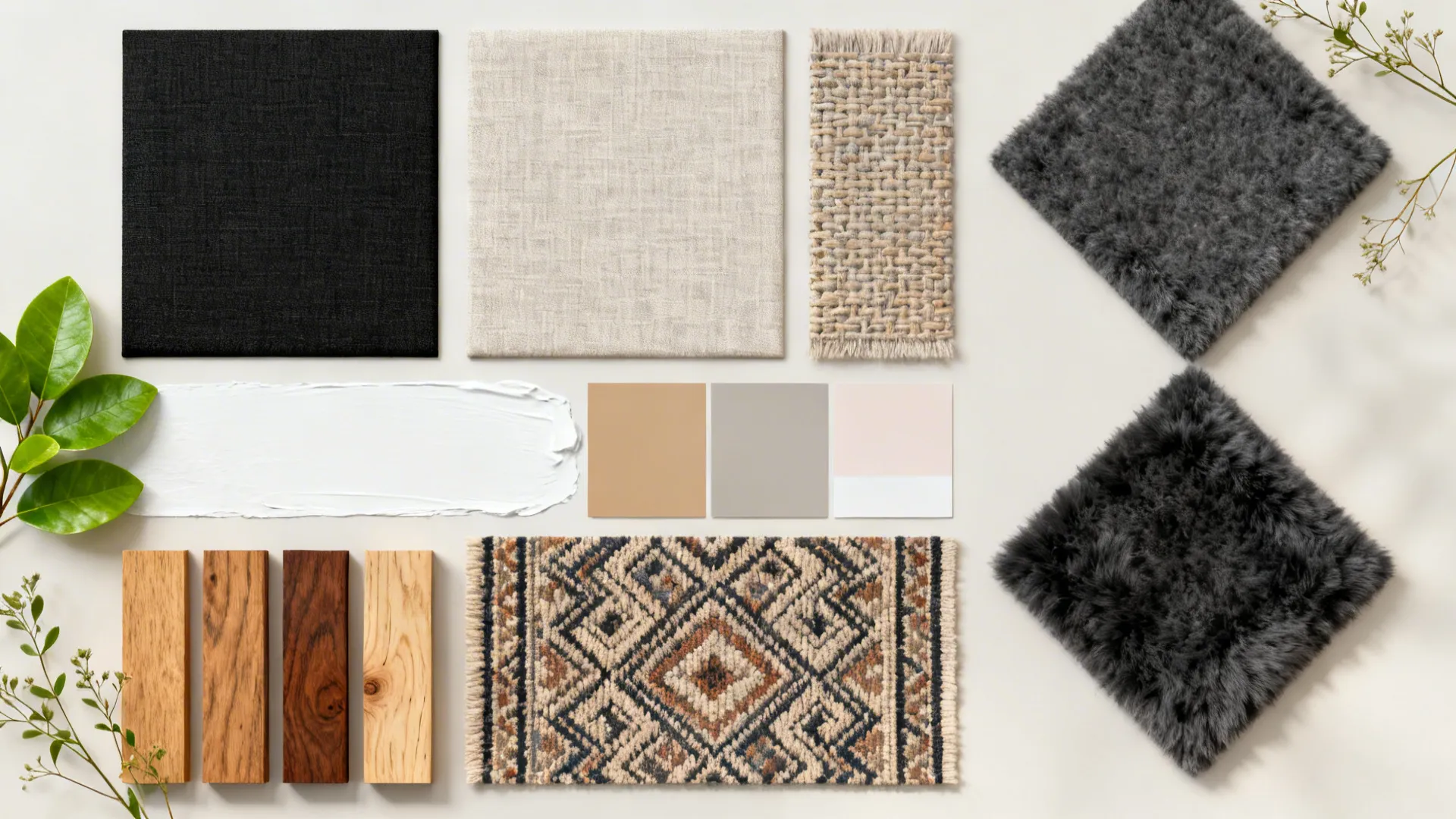 Top-down flatlay of fabric swatches, paint chips and wood samples for black sofa schemes.