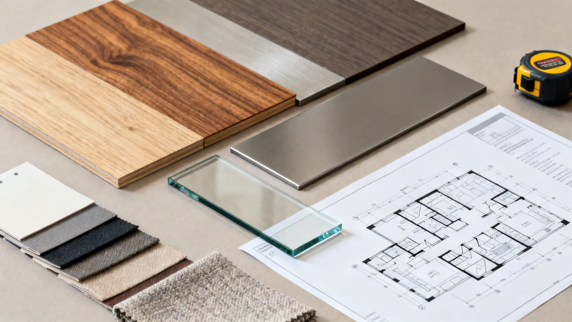 Flatlay of wood, metal, glass and fabric samples with a measuring tape and floor plan