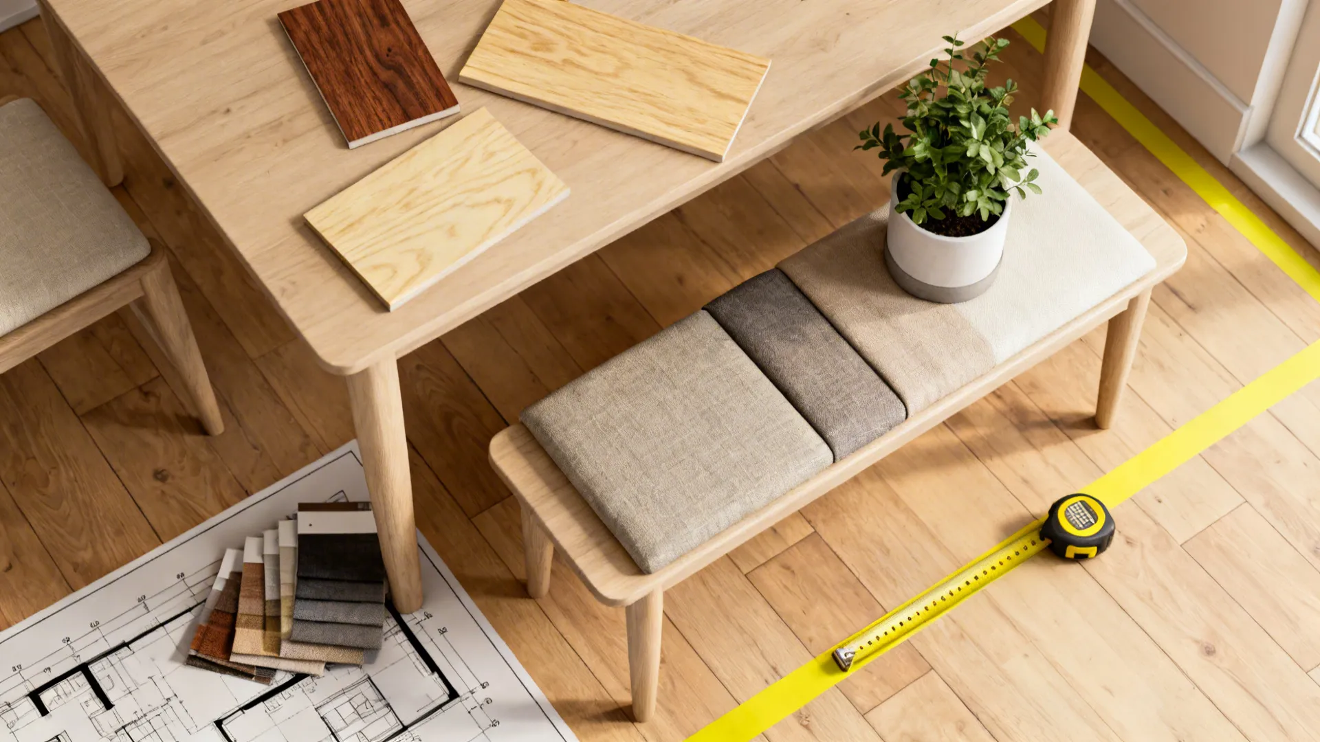 Flatlay of wood and fabric samples, tape measure and floor tape for planning small dining layouts