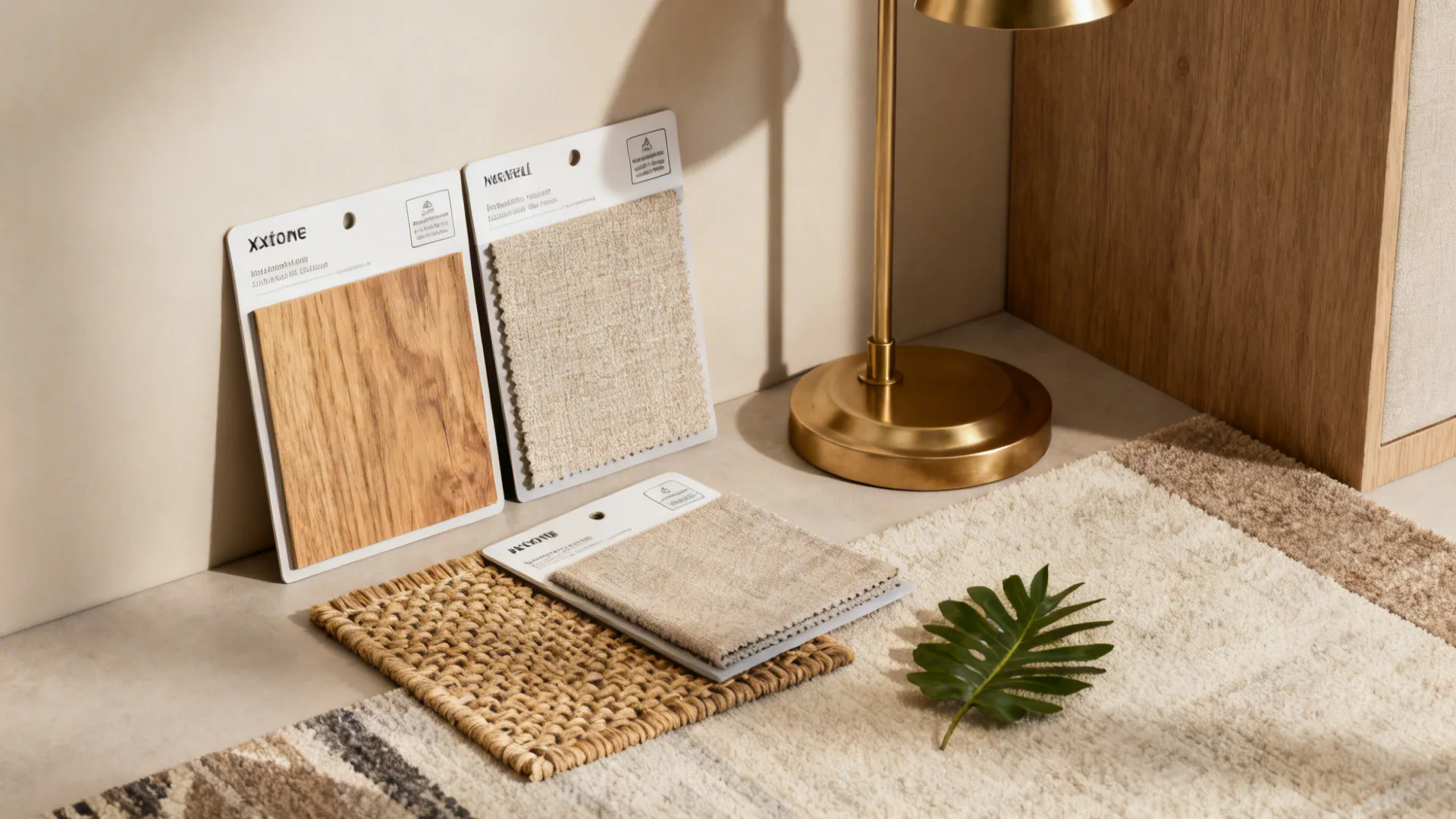 Material flatlay with fabric swatches, wood and rug samples, and plant leaf sample for cozy corners.
