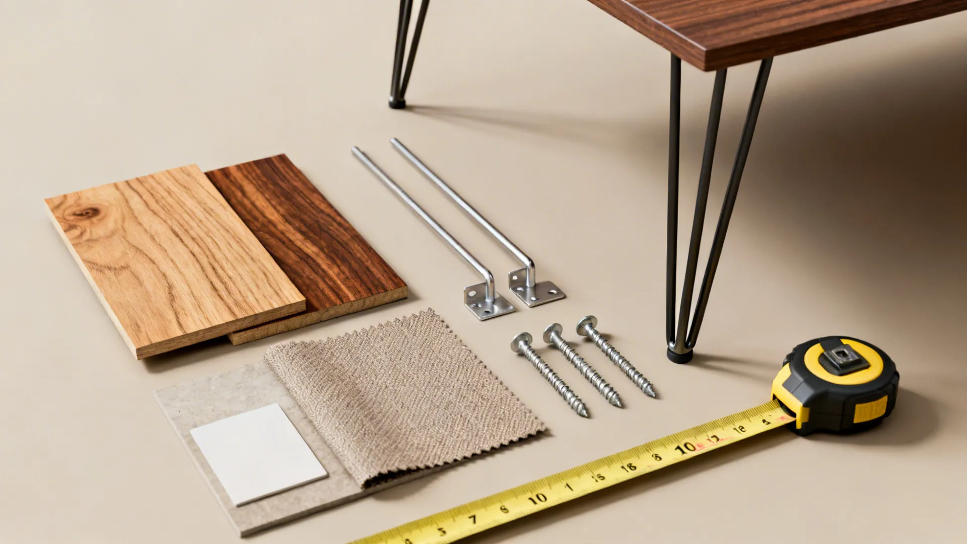 Flatlay of wood samples, hairpin legs, fabric swatch and hardware for DIY coffee table updates