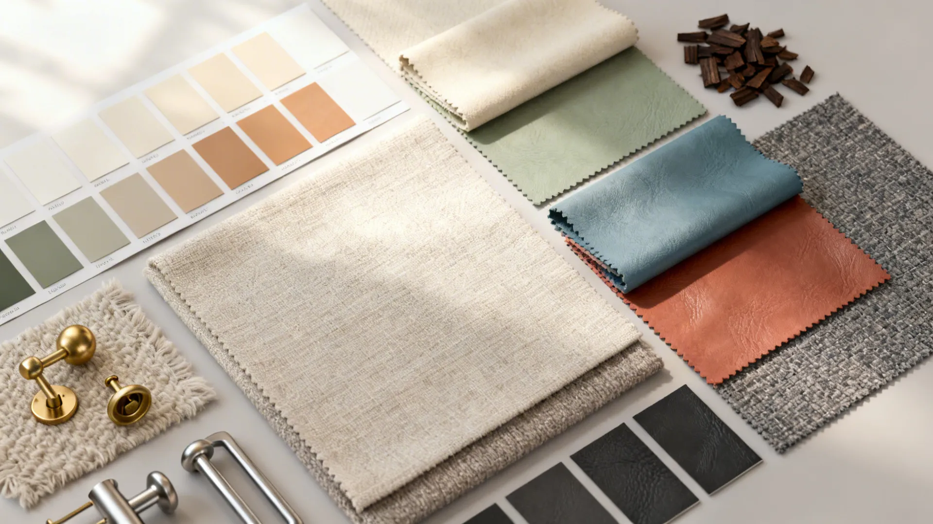 Flatlay of color swatches and material samples for palettes that pair with dark brown furniture.