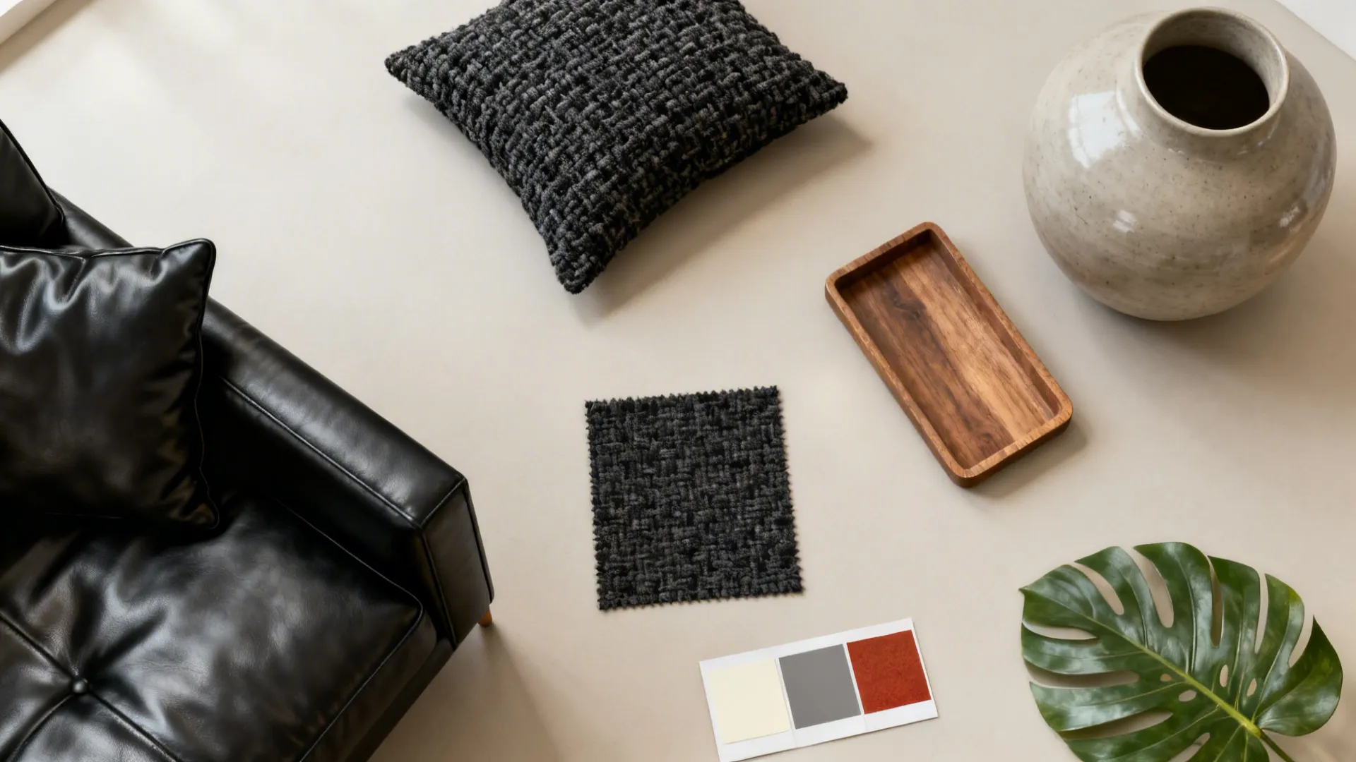 Flatlay of leather, boucle, matte ceramic, wood tray and color chips for a minimal textured palette