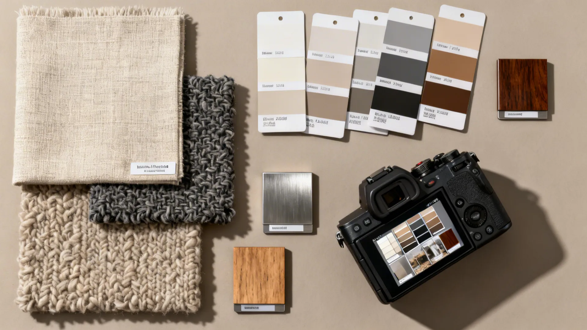 Flatlay of beige and grey paint swatches, fabric samples and metal finish chips for design decisions.