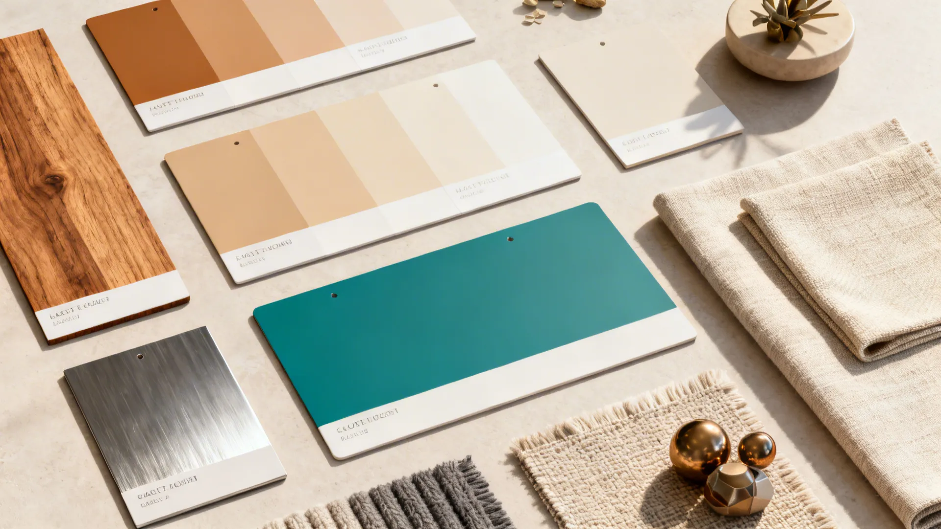 Material board featuring wood sample, metal tile, teal color palette, beige linen, and soft rug textures