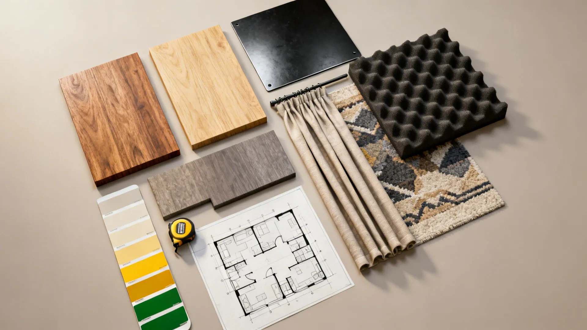 Interior design flatlay with wood samples, color swatches, a floor plan, measuring tape, and curtain