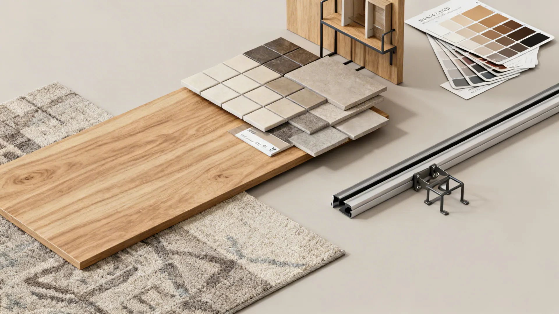 Flatlay of material samples—wood, tile, rug fabric and tracks—for planning apartment dividers.