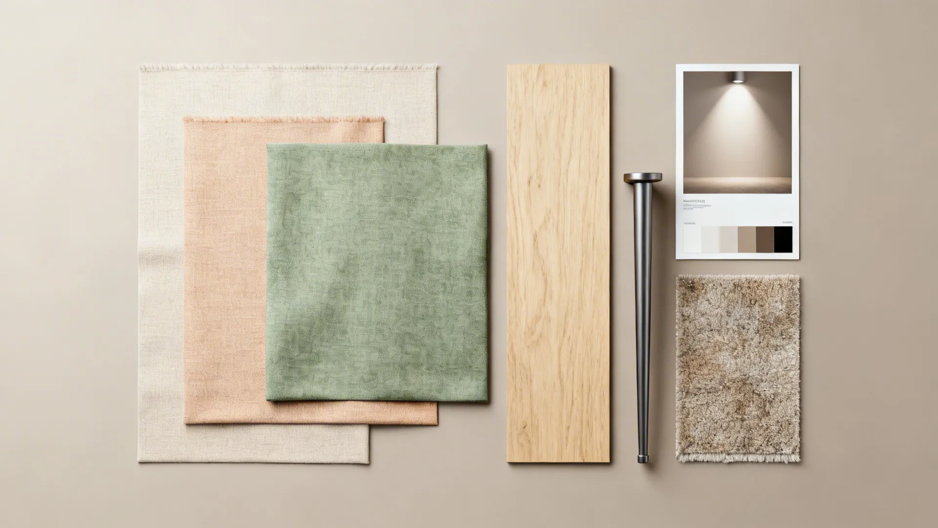 Flatlay of fabric and material samples for a small living room palette: warm neutrals, green accent, and light oak.