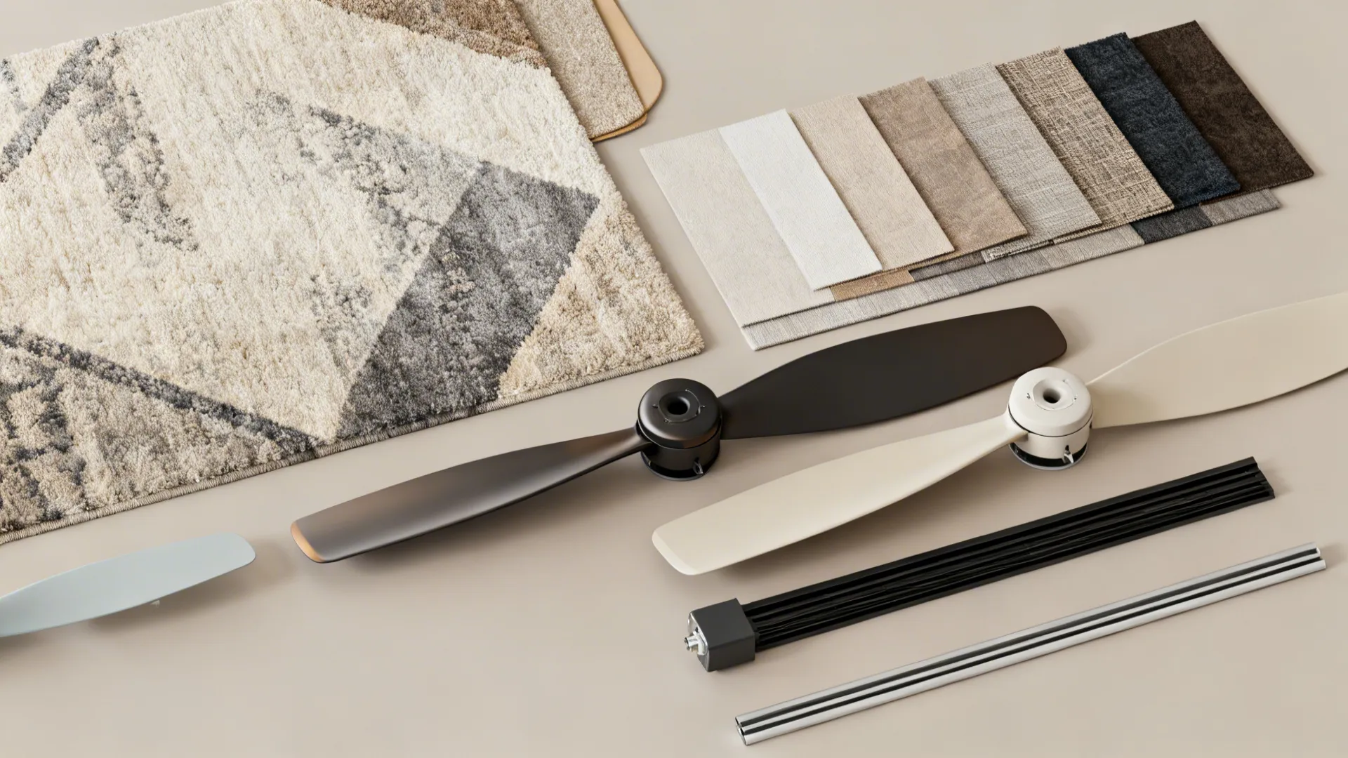 Flatlay of fan finish samples, blade colors and rug swatches to coordinate two ceiling fans