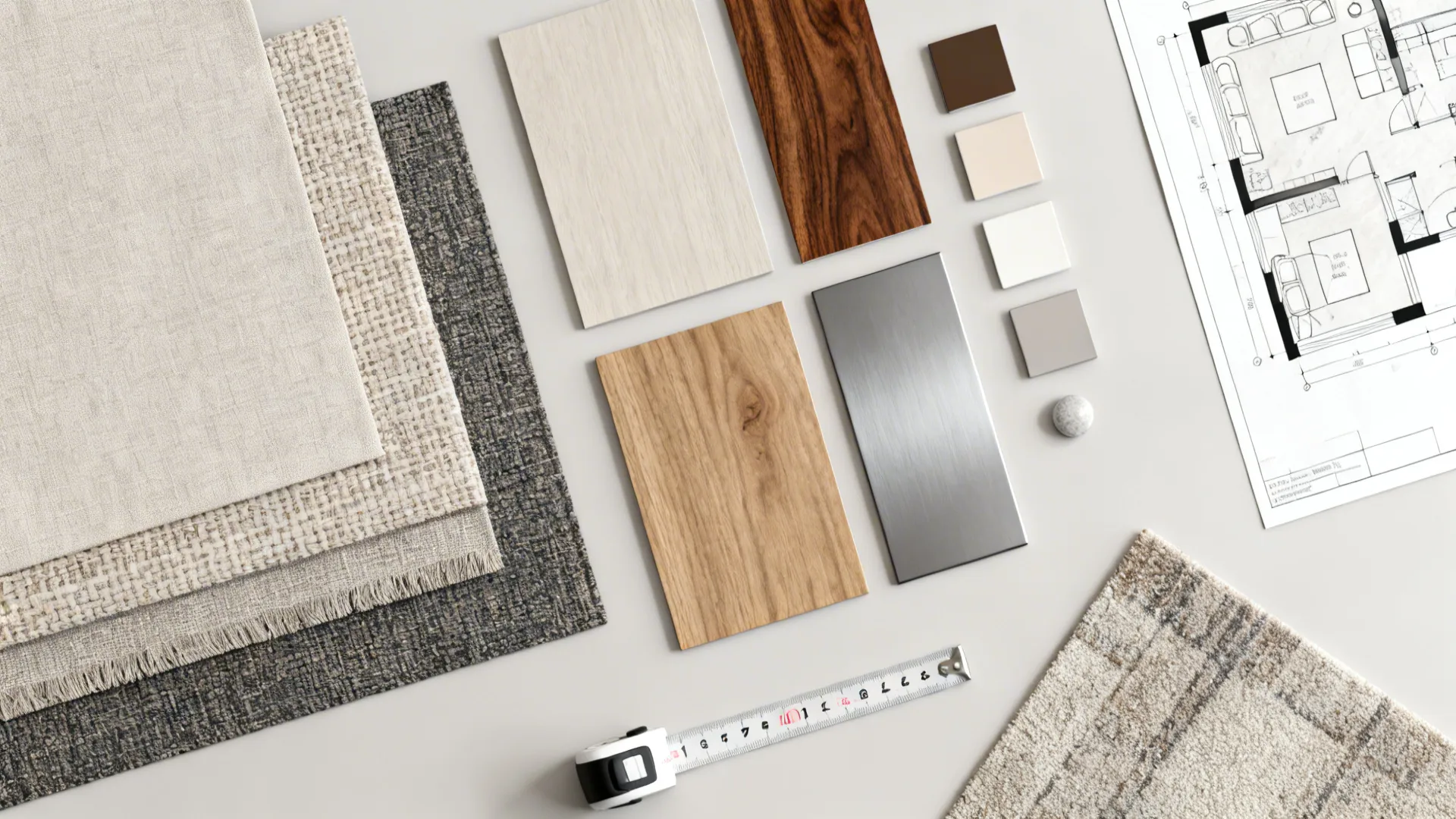 Flatlay of fabric swatches, wood veneers, metal finish chips and a measuring tape for room planning.