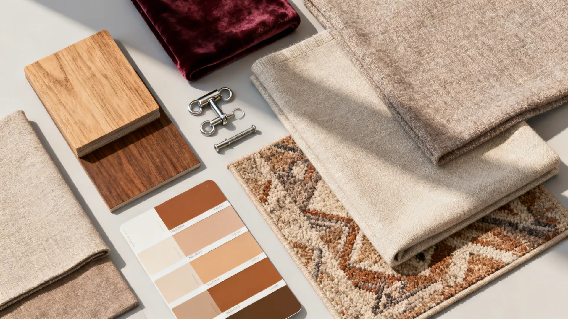 Interior design material board with wood samples plus various fabric textures and a warm color