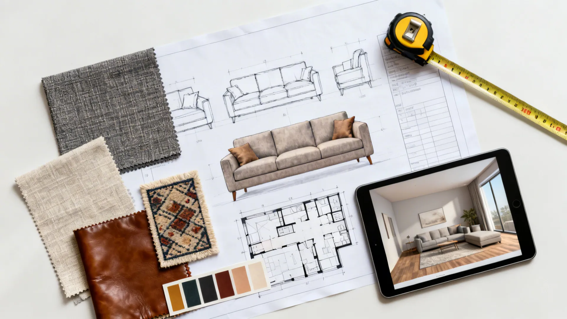 Flatlay moodboard with fabric swatches, rug sample, color chips and a tablet showing a room planner