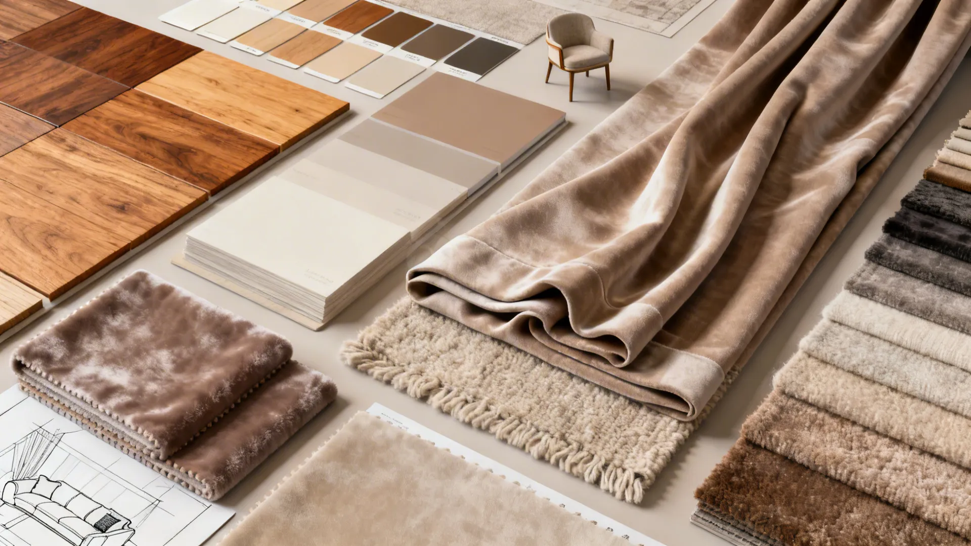 Flatlay of warm wood, fabric and paint swatches for a tall living room design palette.