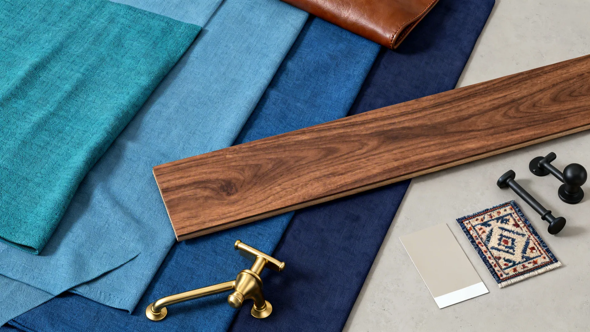 Flatlay of fabric swatches, leather, wood and hardware samples for a blue and brown palette.