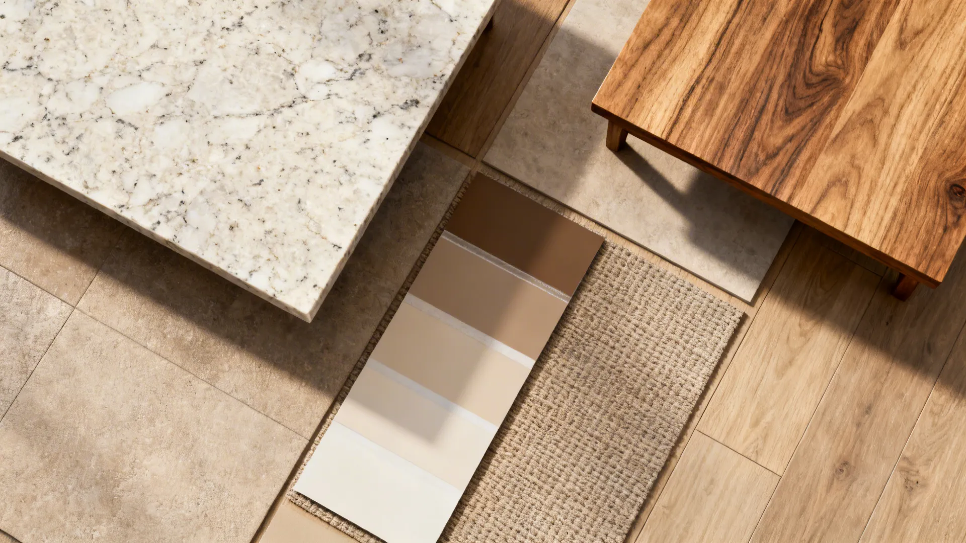 Top-down flatlay of quartz countertop, wood sample, paint chips and flooring swatch for cohesive design