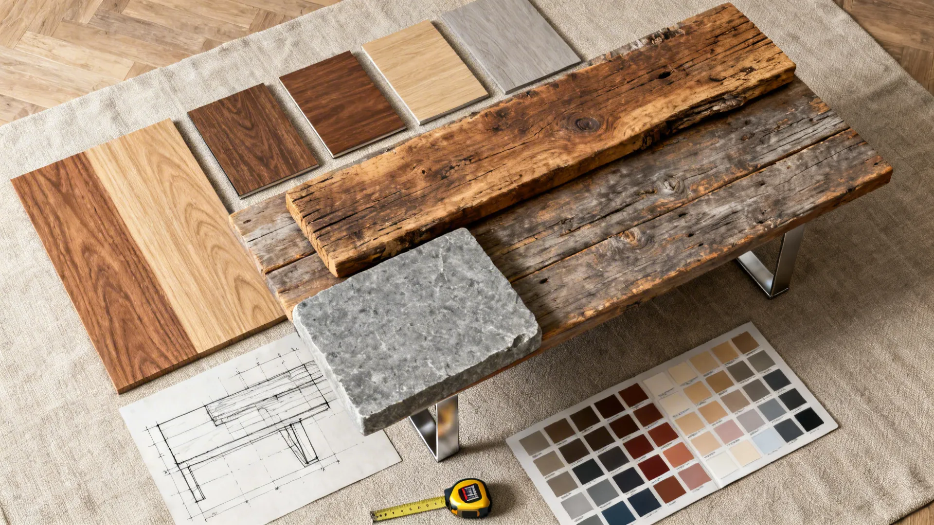 Flatlay of budget-friendly material samples for large coffee table options including veneer and reclaimed wood.