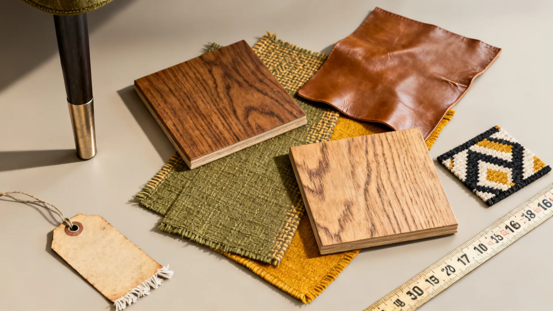 Flatlay of mid-century materials and color swatches for small living room budgeting and sourcing.