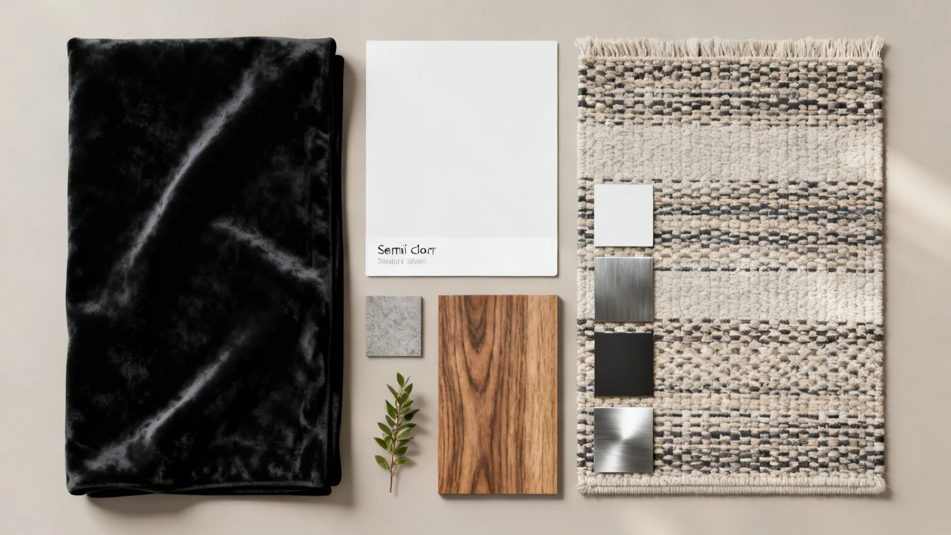 Flatlay of black-and-white fabric swatches, wood veneer and finish samples for living room design.