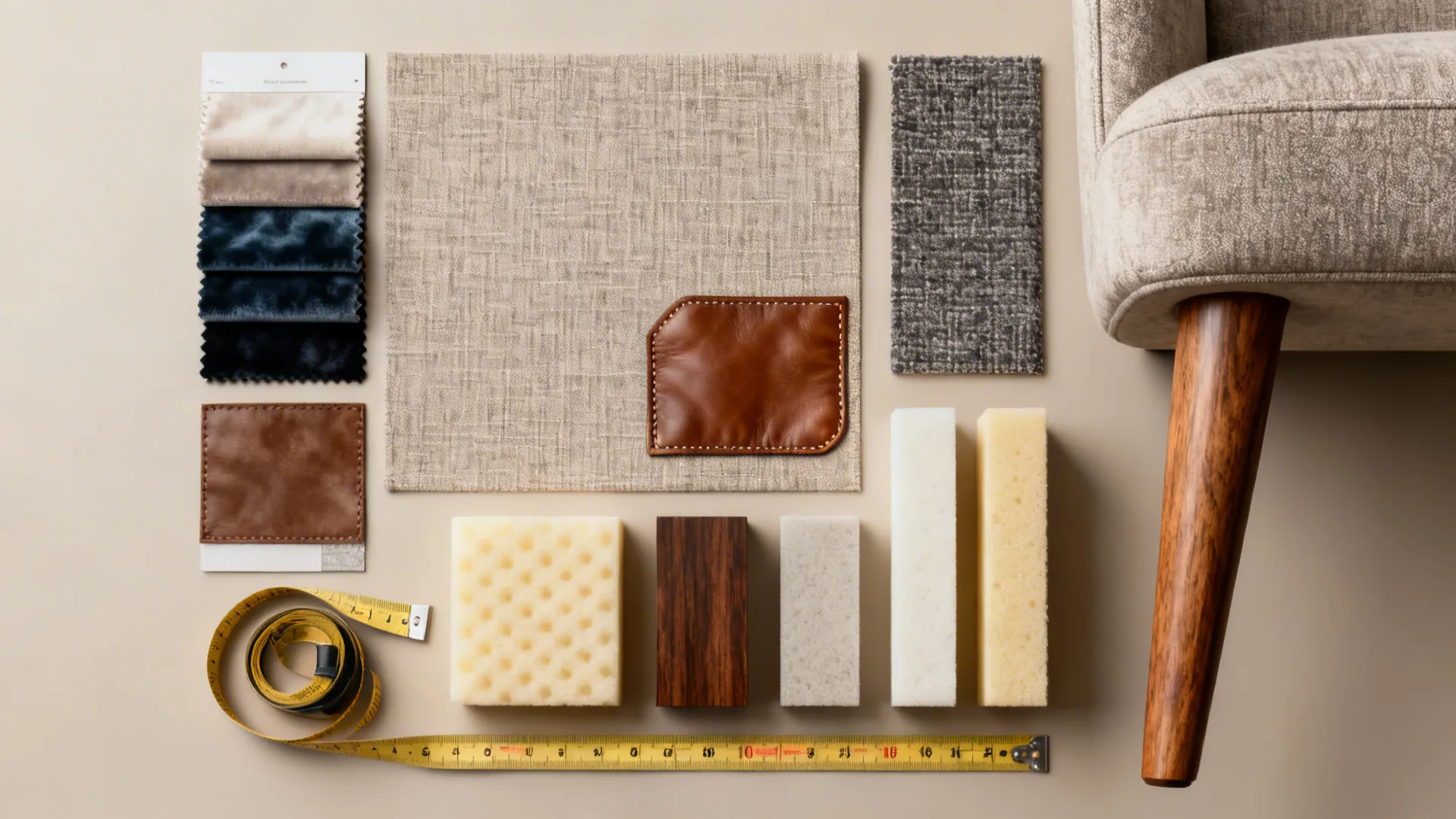 Flatlay of upholstery fabric swatches, leather patch, wood finishes and foam samples