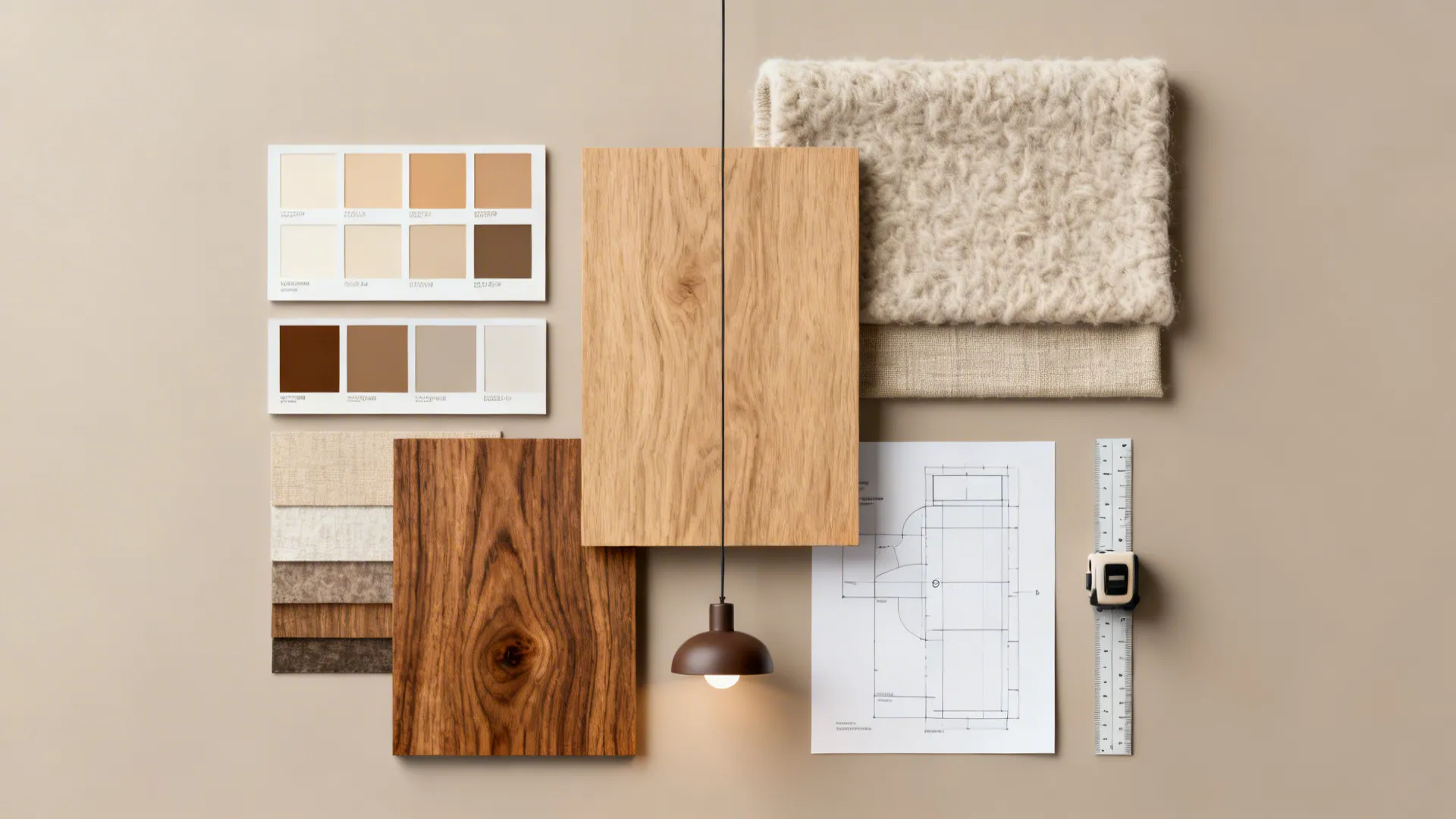 Material flatlay with wood, textile swatches, paint chips and a pendant mockup for vaulted room planning.