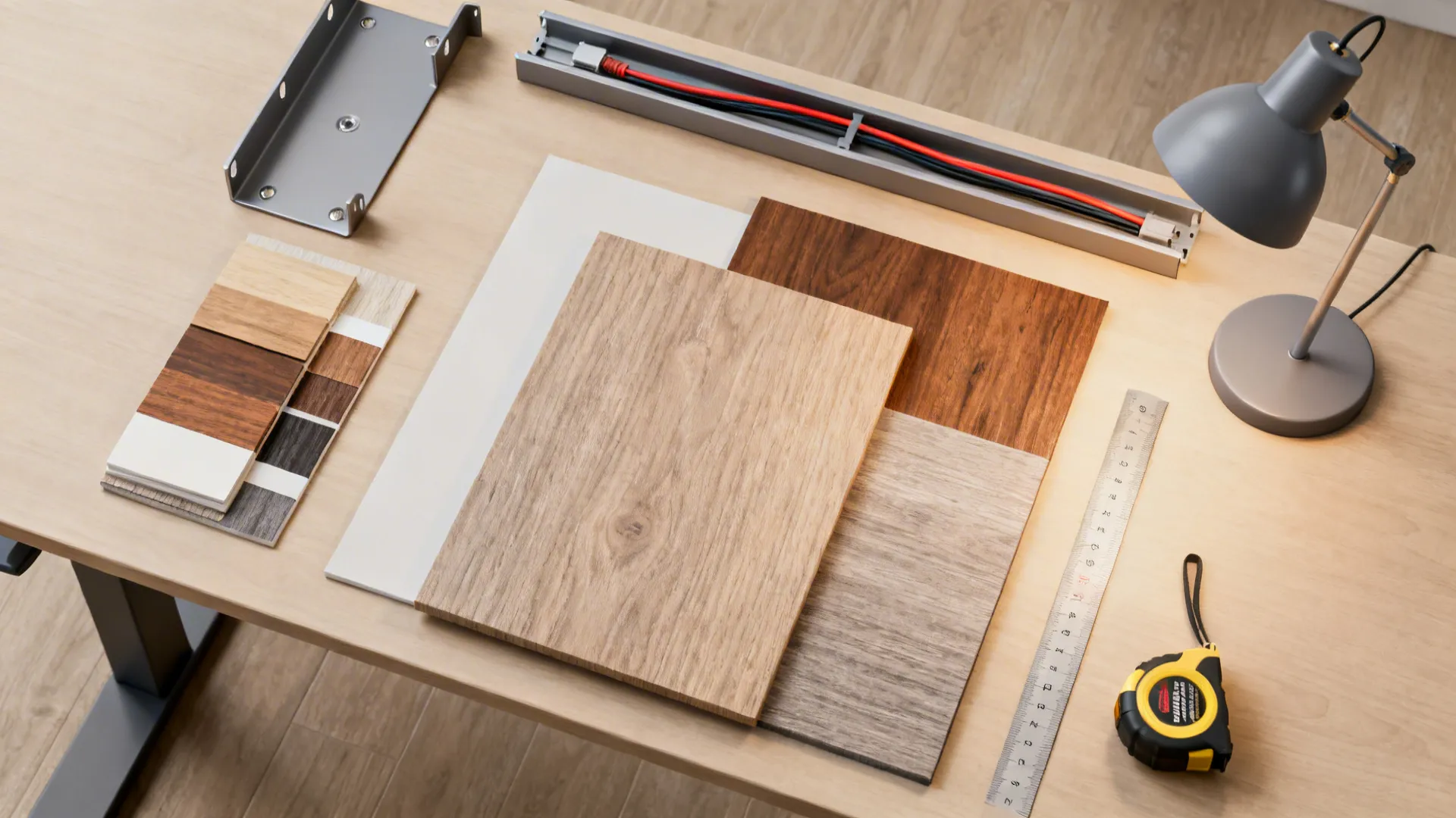 Flatlay of wood and laminate swatches, metal bracket, cable raceway and a task lamp sample.