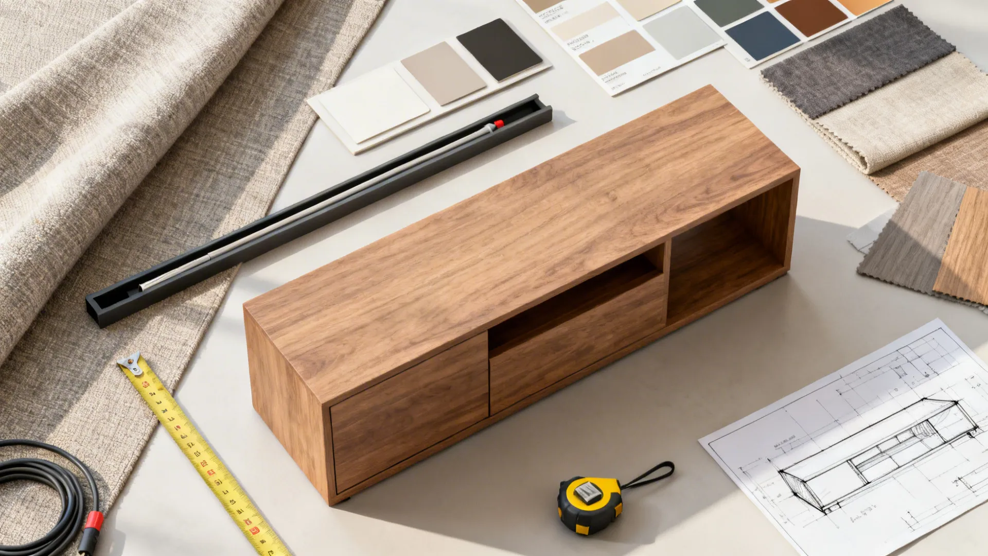 Top-down flatlay of material samples, paint chips, cable channel and 3D sketch for TV console planning.