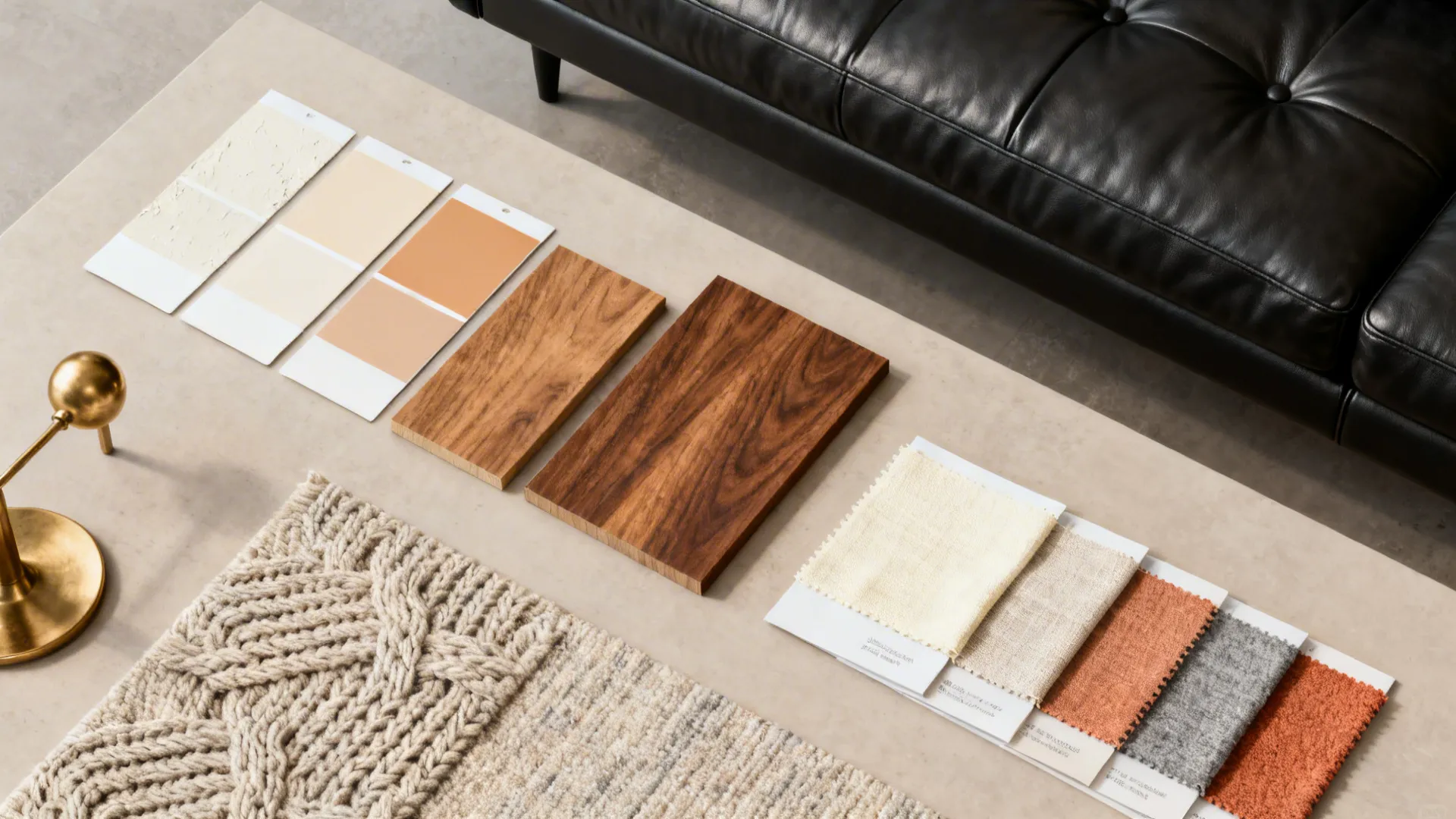 Top-down flatlay of paint, wood, fabric, and metal samples for styling a black leather sofa