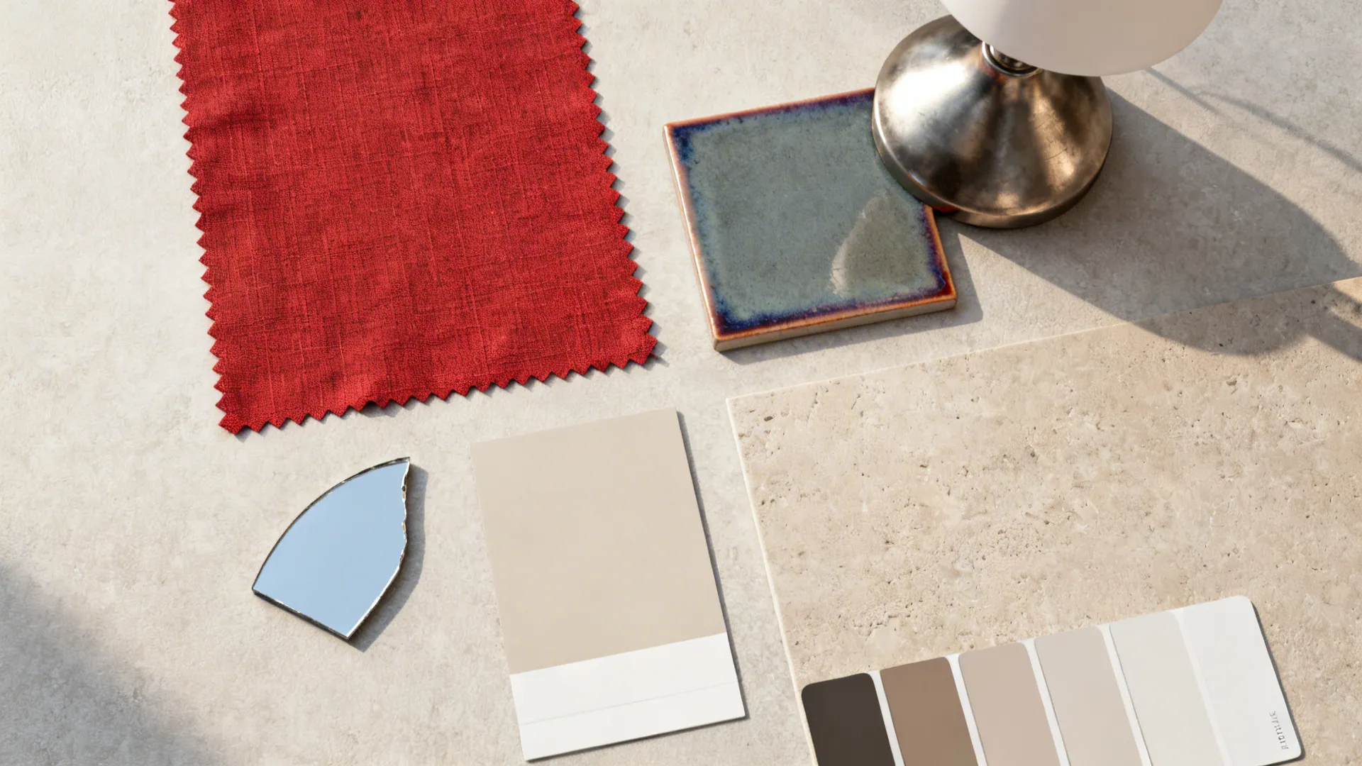 Flatlay of red lamp material samples including fabric, ceramic glaze, metal, mirror, and neutral paint chips.