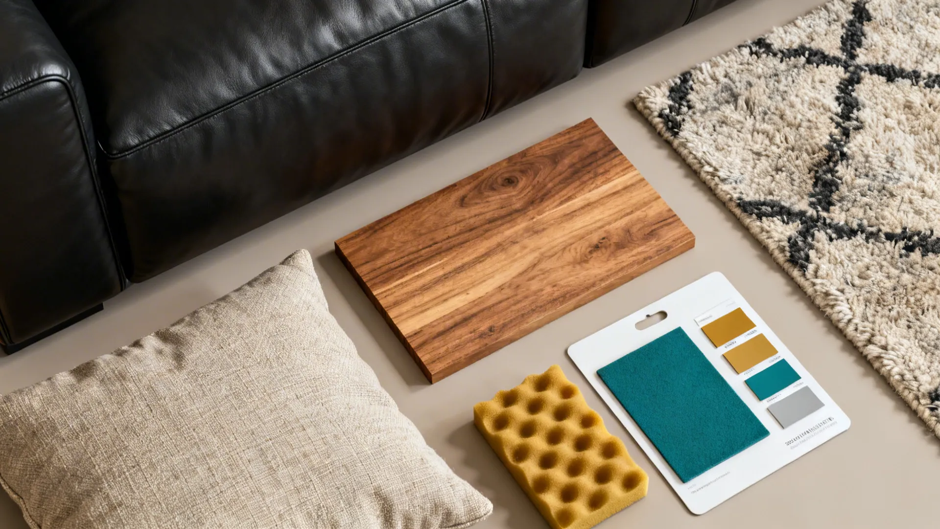 Top-down flatlay of leather, wood, fabric and color swatches for a black sofa palette