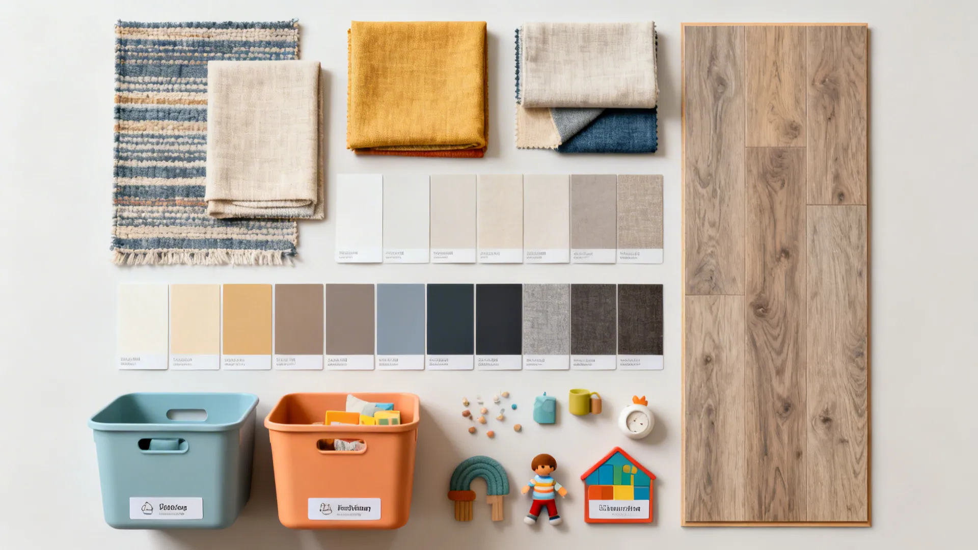 Material flatlay with performance fabric swatches, paint chips, and flooring samples for a kid-friendly living room