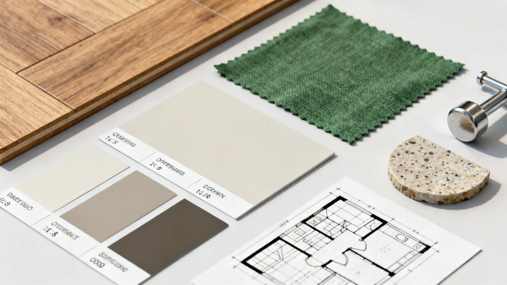 Flatlay of material and color samples for an open-plan kitchen-dining-living design.
