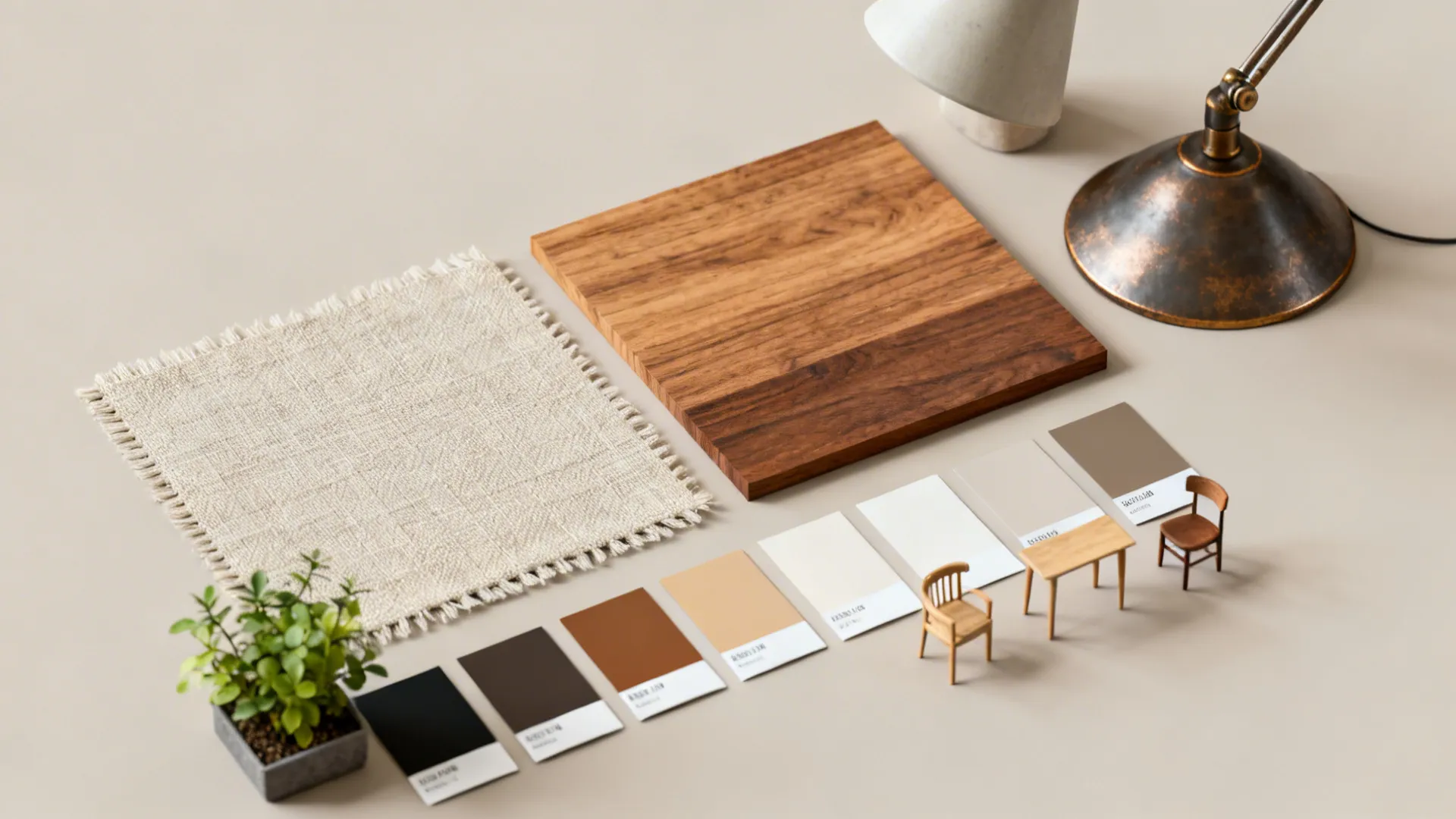 Interior design material flat lay with wood samples fabric swatches color cards and desk lamp