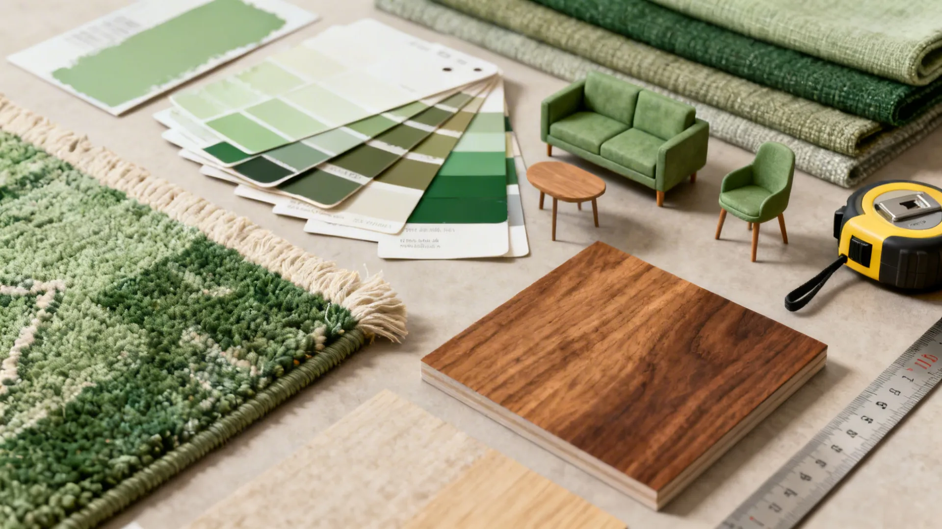 Flatlay of paint chips, fabric swatches and wood samples for living room planning