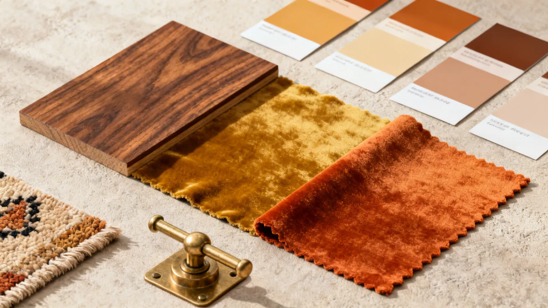 Flatlay of walnut, mustard velvet, burnt orange fabric, brass hardware and rug swatches for a 70s palette.