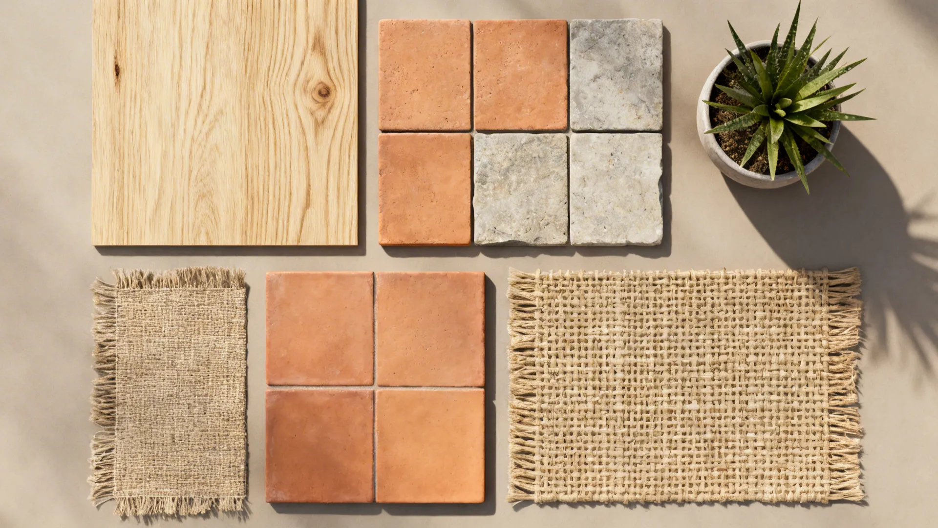 Top-down material flatlay of light wood, clay, stone, and woven textile samples for a living room palette.