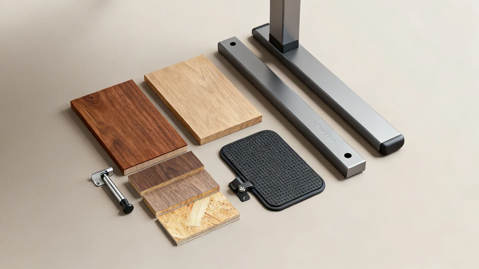 Flatlay of material samples: hardwood, engineered wood, powder-coated steel, hinge and gas strut components.