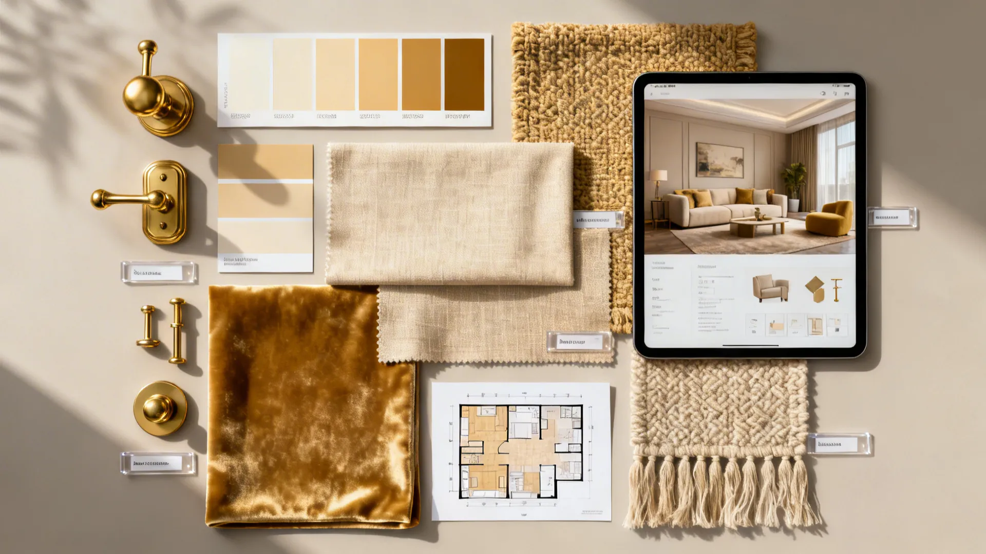 Flatlay of paint swatches, fabric samples and brass hardware for beige and gold palette.